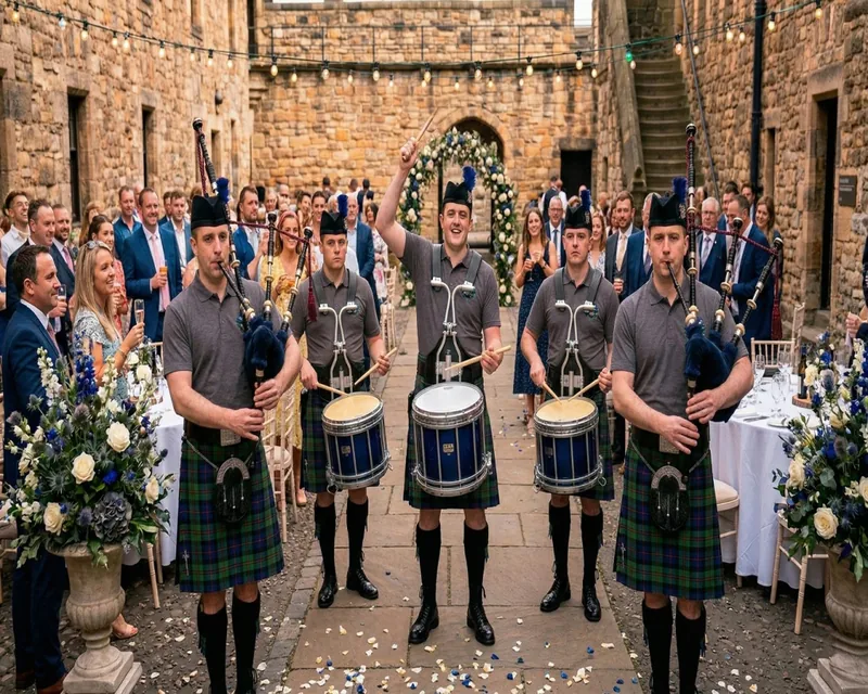 Pipers and drummers playing in a castle courtyard for wedding guests
