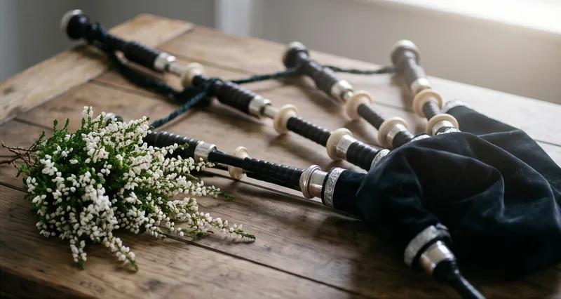 A set of bagpipes resting on a wooden table beside white flowers
