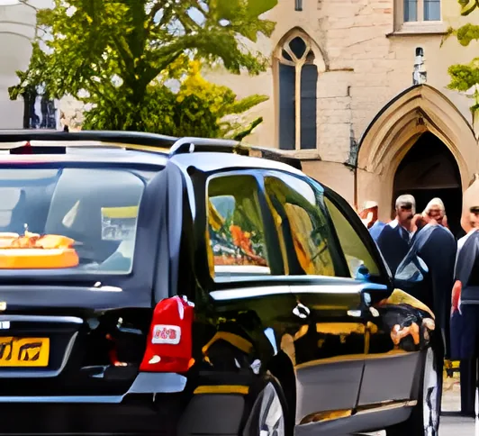 A black hearse arrives outside a stone church where mourners are gathered