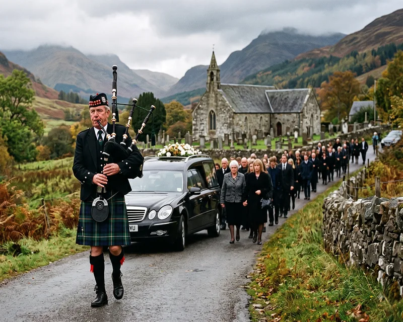 A piper leads a hearse and mourners along a country road below a village church in the hills