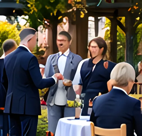 Guests in dark clothes talk quietly at an outdoor reception under a garden pergola
