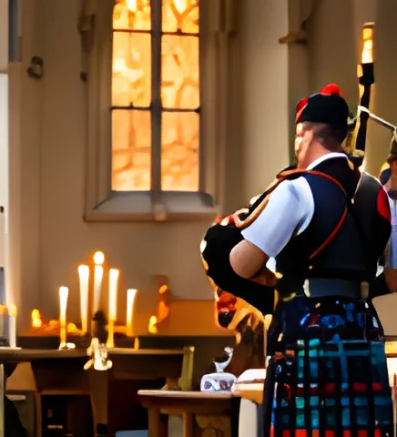 A piper plays a lament inside a church beside an altar lit with candles