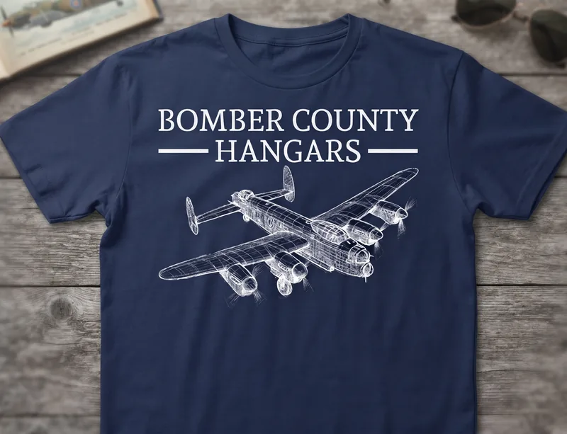The navy Bomber County Hangars T-shirt with a Lancaster print