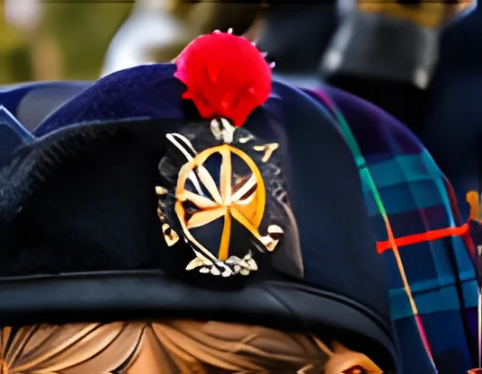 Close-up of a glengarry cap with the band’s badge and red toorie