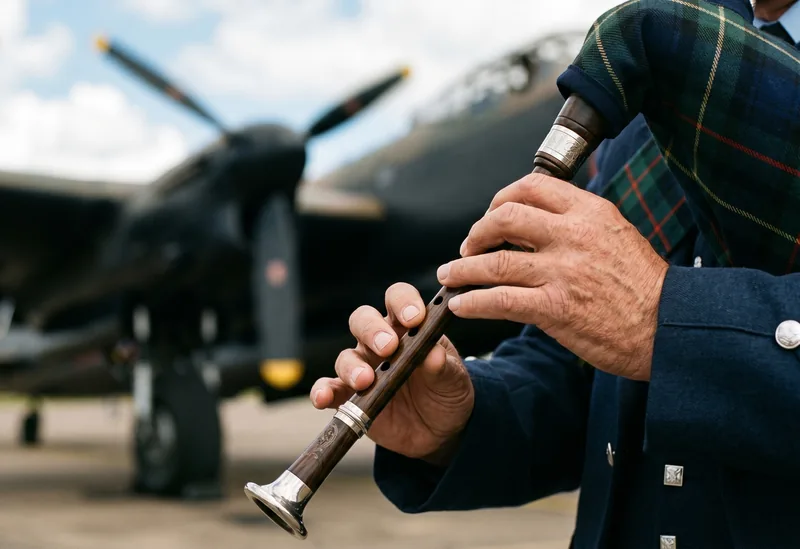 Close-up of a piper’s hands on the chanter with a Lancaster bomber behind