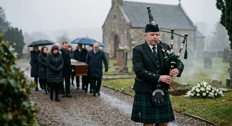 A piper plays as pallbearers carry a coffin through a churchyard