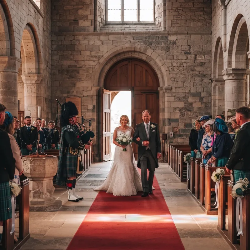 A piper leads the bride down the aisle of a stone church as guests look on