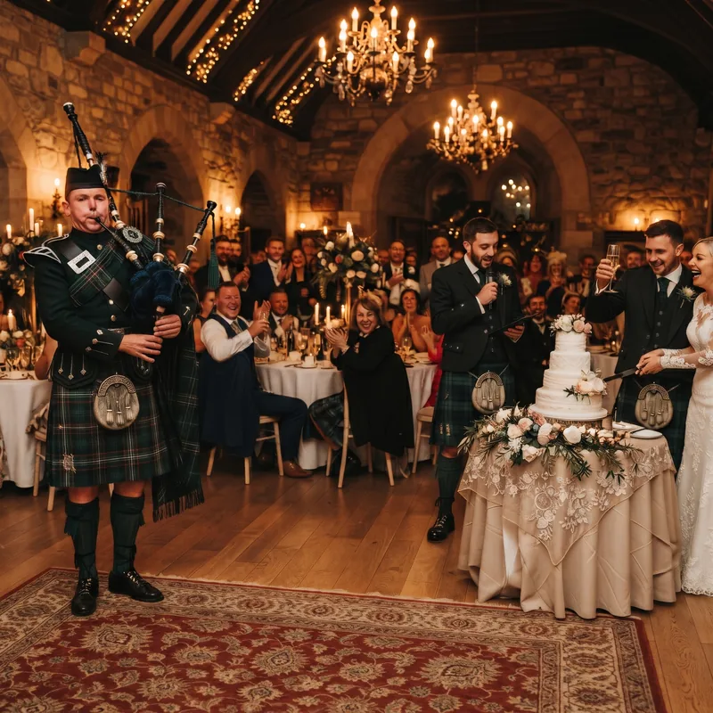 Pipers play as the bride and groom cut the cake in a candlelit hall