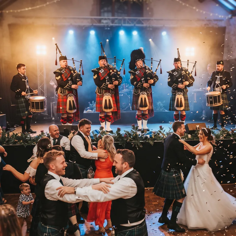 Pipers and drummers perform on stage as the bride and guests dance at the evening reception
