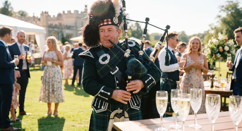 A piper plays for guests holding champagne at an outdoor drinks reception