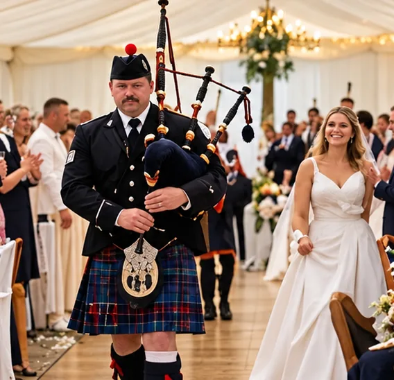 A piper leads the bride into a white marquee as guests stand and applaud on either side
